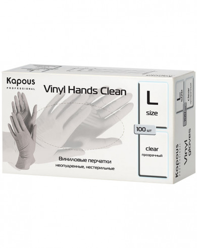 Виниловые перчатки неопудренные, нестерильные «Vinyl Hands Clean», прозрачные, 100 шт., L