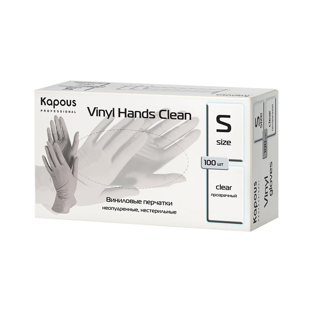 Виниловые перчатки неопудренные, нестерильные «Vinyl Hands Clean», прозрачные, 100 шт., S