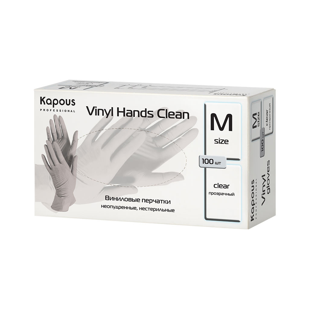 Виниловые перчатки неопудренные, нестерильные «Vinyl Hands Clean», прозрачные, 100 шт., M
