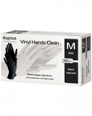 Виниловые перчатки неопудренные, нестерильные «Vinyl Hands Clean», черные, 100 шт., М