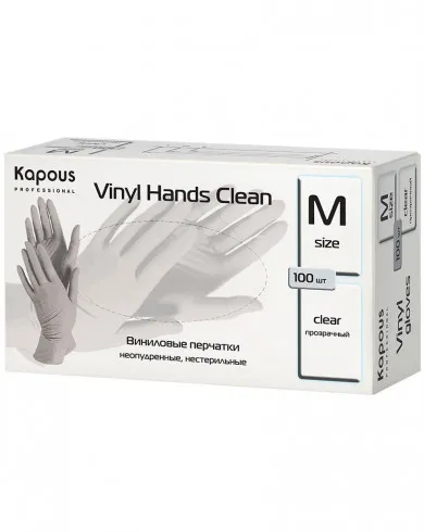 Виниловые перчатки неопудренные, нестерильные «Vinyl Hands Clean», прозрачные, 100 шт., M